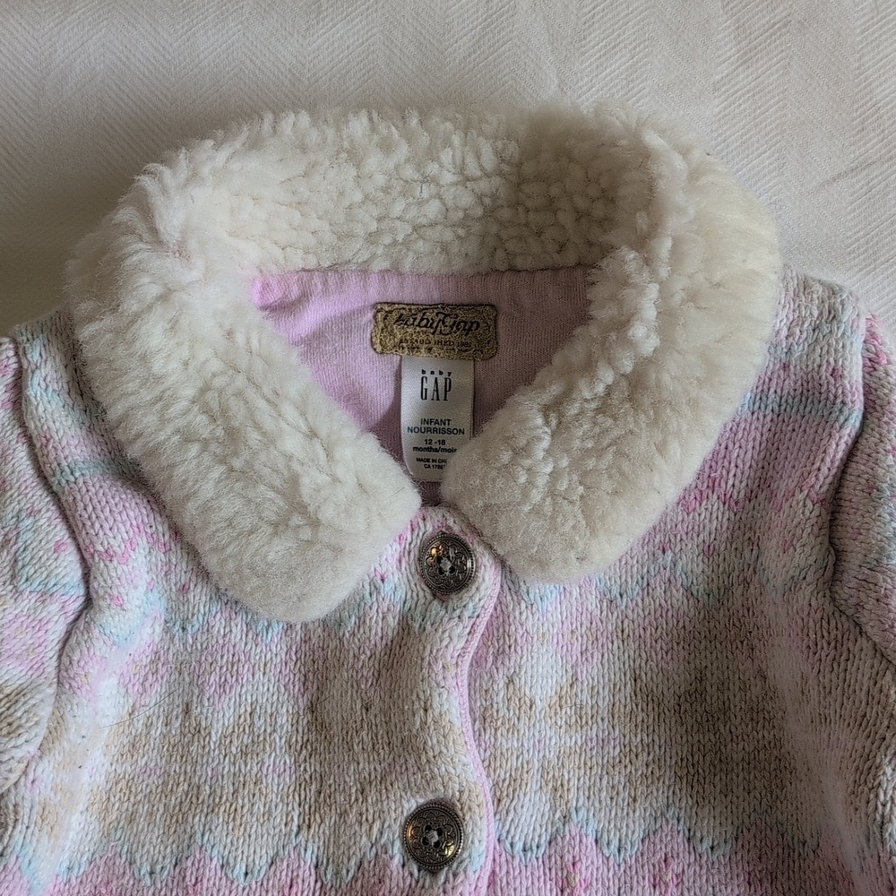 vintage Y2K babyGap fair isle faux fur collar knit cardigan sweater 12-18 months - Picture 2 of 11